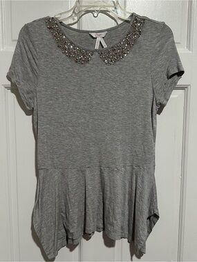 Candie's Gray Short-Sleeve Peplum Top with Jeweled Collar